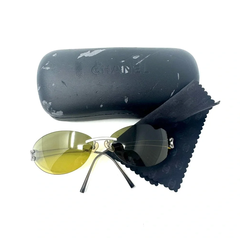 Chanel CC 90’s Vintage Khaki Olive Green Logo Rimless Sunglasses
